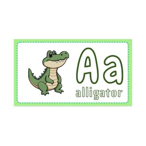 Puede incluir: Una tarjeta didáctica con una ilustración de un cocodrilo de dibujos animados. El cocodrilo es verde y marrón, con una expresión amigable. La letra "A" y la palabra "alligator" se muestran en verde. La tarjeta tiene un borde verde.