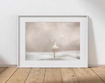 Ballerina Nursery Photography Print, Mixed Media Art, Girls Room Pink Art, Kids Room Decor, Whimsical Snowflakes Art, Winter Snow Landscape