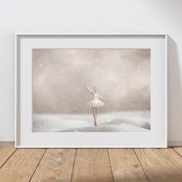 Ballerina Nursery Photography Print, Mixed Media Art, Girls Room Pink Art, Kids Room Decor, Whimsical Snowflakes Art, Winter Snow Landscape