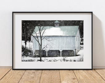 Barn Photography Print, Farmhouse Decor, Rustic Home Decor, Christmas Art, Blue Barn Photos, Holiday Decor, Pennsylvania Winter Landscape