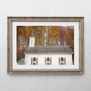 Church Photography Print, Farmhouse Decor, Rustic Home Decor, Country Churches, White Chapel, Old Windows, Pennsylvania Autumn Landscape