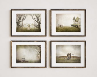 Nursery Photography Prints, Set of 4, Digital Art, Laundry Room, Home Decor, Kids Room, Vintage Clothesline, Whimsical Spring Landscape