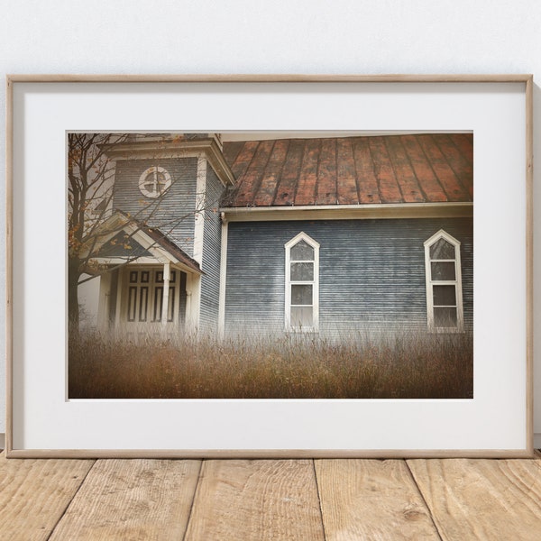 Church Photography Print, Rustic Farmhouse Decor, Country Church Art, Wedding Chapel, Old Windows, Home Decor, Pennsylvania Autumn Landscape