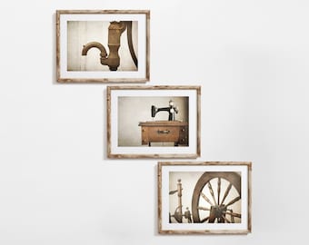 Impresiones fotográficas de lavandería, juego de 3, decoración de granja, arte de cocina, sala de costura, arte de baño, decoración rústica del hogar, naturaleza muerta, paisaje