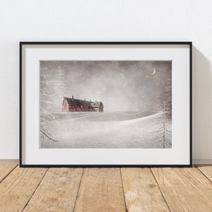 Red Barn Photography Print, Mixed Media Art, Rustic Farmhouse Decor, Whimsical Farm, Christmas Art, Holiday Decor, Winter Snow Landscape