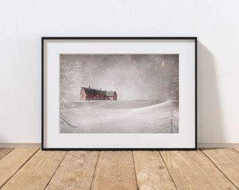 Red Barn Photography Print, Mixed Media Art, Rustic Farmhouse Decor, Whimsical Farm, Christmas Art, Holiday Decor, Winter Snow Landscape