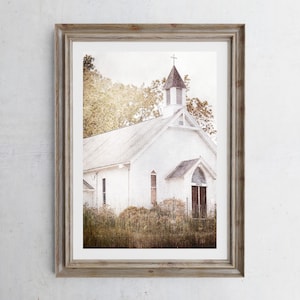 Church Photography Print, Farmhouse Home Decor, White Chapel, Primitive Country Churches, Victorian Art, Pennsylvania Autumn Landscape