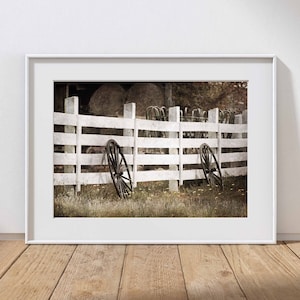 Farm Photography Print, Rustic Farmhouse Decor, Old Wagon Wheel, Home Decor, Country Decor, White Fence, Pennsylvania Spring Landscape