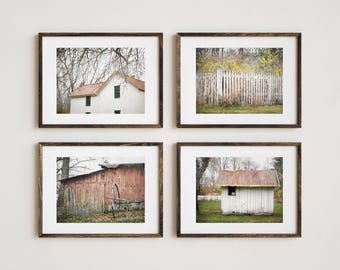 Farmhouse Photography Prints, Set of 4 Photos, Rustic Home Decor, Old Barn Set, Country Art, Fall Foliage, Pennsylvania Autumn Landscape