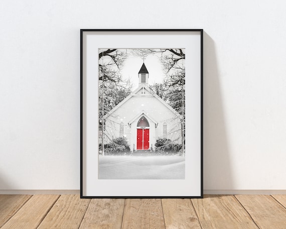 Country Church Photography Print, Rustic Farmhouse Decor, Christmas Art, Holiday Decor, Whimsical Art, Red Doors, Winter Snow Landscape