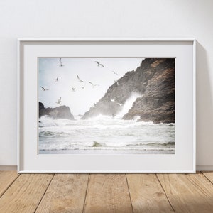 Ocean Photography Print, Pacific Northwest, Rustic Cannon Beach Decor, Beach Birds, Coastal Art, Oregon Mountain, Spring Storm  Landscape