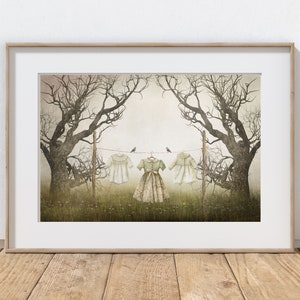 May include: A framed illustration of three white dresses hanging on a clothesline between two bare trees in a foggy field. Two small birds are perched on the line.