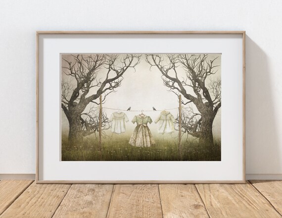 Vintage Clothes Photography Print, Digital Art, Victorian Dress, Kids Room, Clothesline, Whimsical Art, Children's Room, Spring Landscape