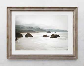 Ocean Photography Print, Rustic Beach House Decor, Pacific Northwest, Cannon Beach, Mountain Fog, Ocean Wall Art, Oregon Spring Landscape