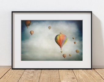 Hot Air Balloons Photography Print, Whimsical Art, Blue Sky, Kid's Room, Party Decor, Home Decor, Colorful Children's Room, Summer Landscape
