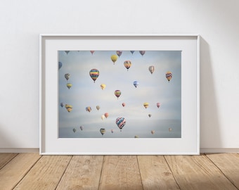 Hot Air Balloons Photography Print, Nursery Print, Kids Room Art, Balloon Wall Art, Whimsical Decor, Blue Sky Clouds, Summer Landscape