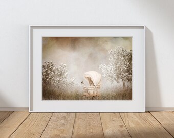 Baby Carriage Photography Print, Digital Art, Whimsical Art, Nursery Art, Kids Room Decor, Vintage Pram Stroller, Spring Landscape