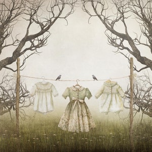 May include: Three white dresses hang on a clothesline between two bare trees. The dresses are different styles and have a vintage feel. The trees are silhouetted against a light gray background.