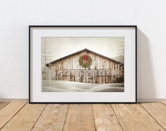 Barn Photography Print, Rustic Farmhouse Decor, Christmas Wreath, Holiday Art, Home Decor, Old Barns, Country Decor, Winter Snow Landscape