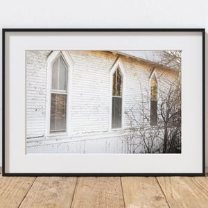 Country Church Photography Print, Farmhouse Decor, Rustic Home Decor, Weathered Old Windows, White Chapel, Pennsylvania Autumn Landscape