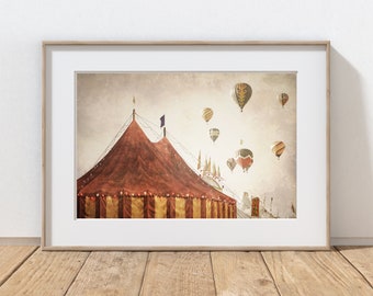 Vintage Circus Photography Print, Farmhouse Decor, Carnival Art, Hot Air Balloons, Nursery Art, Circus Tent, Whimsical Summer Landscape