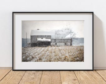 Barn Photography Print, Farmhouse Decor, Rustic Home Decor, Gray Barn Photos, Farm Art, Country Cornfield Art, Pennsylvania Winter Landscape