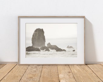 May include: A black and white photograph of a rocky outcropping in the ocean. The rocks are surrounded by crashing waves and the sky is a hazy white.