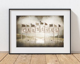 Vintage Carnival Photography Print, Rustic Farmhouse Decor, Vintage Sign, Sepia Nursery Art, Kid's Room, Children's Room, Autumn Landscape