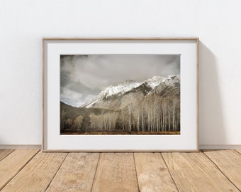 Fotografía de montaña, decoración rústica de granja, Montañas Rocosas canadienses, decoración del hogar, bosque rústico, pinos, Banff Canadá, paisaje invernal