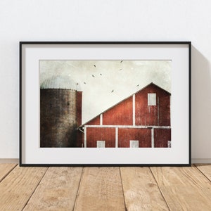 Red Barn Photography Print, Rustic Farmhouse Decor, Barn Silo, Crow Art, Home Decor, Country Decor, Wall Art, Pennsylvania Winter Landscape