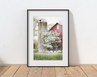 Barn Photography Print, Rustic Farmhouse Decor, Red Barn Art, Farm Art, Hay Bales, Americana Country Decor, Pennsylvania Spring Landscape