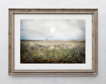 Impresión fotográfica de campo de flores silvestres, decoración de casa de campo, decoración del hogar, fotos de girasoles, granja campestre, arte del atardecer, paisaje de Colorado Springs