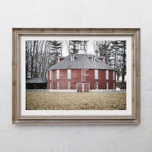 Barn Photography Print, Farmhouse Decor, Old Red Barn Photos, Round Barn, Home Decor, Country Cornfield Art, Pennsylvania Winter Landscape
