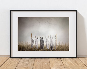 Laundry Photography Print, Farmhouse Decor, Clothesline Art, Vintage Farm, Home Decor, Cornfield Art, Country Art, Summer Landscape