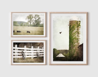 Farm Photography Prints, Set of 3, Rustic Farmhouse Decor, Home Decor, Barn Set, Old Silo, Primitive Country Art, Americana Summer Landscape