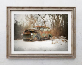 Vintage Car Photography Print, Farmhouse Decor, Rustic Home Decor, Rusty Farm Truck, Antique Cars, Farm Art, Pennsylvania Winter Landscape
