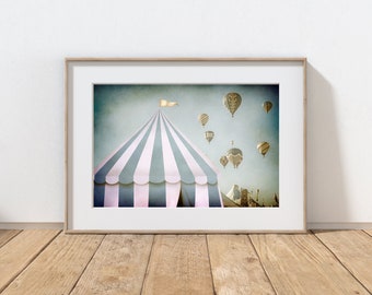 Vintage Carnival Photography Print, Hot Air Balloons, Whimsical Kids Room Art Decor, Boys Room, Nursery Print, Circus Summer Landscape