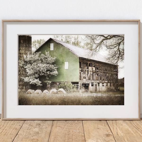 Barn Photography Print, Rustic Farmhouse Decor, Old Green Barn, Wall Art, Farm Photography, Spring Trees, Pennsylvania Spring Landscape