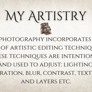 K&ouml;nnte beinhalten: Text&uuml;berlagerung auf einem strukturierten Hintergrund mit einer Vintage-Kamera-Illustration. Der Text lautet "MY ARTISTRY" und "MY PHOTOGRAPHY INCORPORATES THE USE OF ARTISTIC EDITING TECHNIQUES. THESE TECHNIQUES ARE INTENTIONAL AND USED TO ADJUST: LIGHTING, SATURATION, BLUR, CONTRAST, TEXTURES, AND LAYERS ETC."
