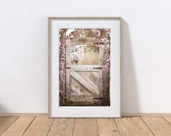 Rose Garden Door Photography Print, Rustic Farmhouse Decor, Whimsical Art, Fairytale Art, Pink Flowers, Pennsylvania Spring Landscape