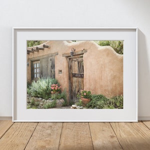 Southwest Door Photography Print, Rustic Southwestern Farmhouse Decor, Wall Art, Rustic Window Flower Pots, New Mexico Summer Landscape