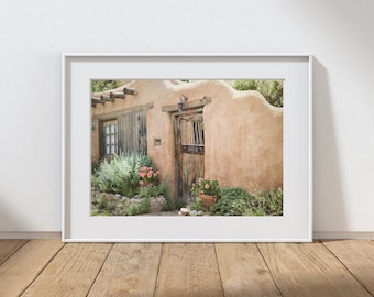 Southwest Door Photography Print, Rustic Southwestern Farmhouse Decor, Wall Art, Rustic Window Flower Pots, New Mexico Summer Landscape