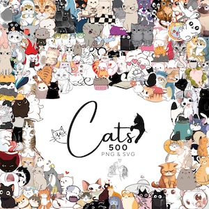 Puede incluir: Un conjunto de ilustraciones de gatos variados, en diferentes poses y colores, dispuestas en un patrón circular. La palabra "Cats" está escrita en cursiva, con "500 PNG & SVG" debajo.