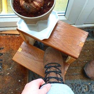 Puede incluir: Un pequeño soporte de madera hecho a mano para plantas con dos niveles. El soporte es de madera marrón claro con uniones visibles. Una bota marrón con cordones negros está en el soporte. Una planta en maceta está encima.