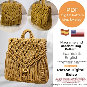 Peut inclure: Un patron numérique pour un sac en macramé et crochet. Le patron est disponible en espagnol et en anglais. Le patron comprend 20 pages avec des images et un tutoriel vidéo. Le sac est de couleur jaune moutarde avec des franges.