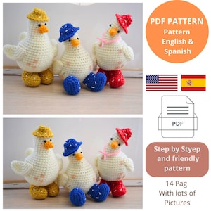 Puede incluir: Patrón de crochet para tres pollitos amigurumi. Los pollitos llevan diferentes sombreros y zapatos. El patrón está disponible en inglés y español. Patrón PDF de 14 páginas con muchas imágenes.