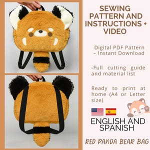 May include: A plush red panda bear bag with black straps and a tail. The bag has a detailed face with white accents and a black nose. Text on the image reads "SEWING PATTERN AND INSTRUCTIONS + VIDEO" and "ENGLISH AND SPANISH".
