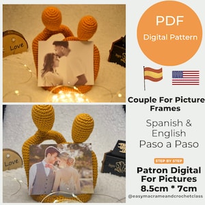 May include: A crochet pattern for a couple picture frame. The pattern is available in both Spanish and English. The frame is designed to hold a picture that is 8.5 cm by 7 cm.