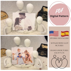 May include: A crochet frame for pictures, made to look like three people holding hands. The frame is white and can hold photos that are 8.5 cm by 7 cm. The pattern is available in both Spanish and English, with 30 pages of instructions and lots of pictures.