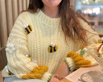 Cute Crochet women- Crochet Chunky- Easy Crochet Crop Cardigan Pattern, Women Chunky Oversize bees Pattern,Balloon Sleeve Pattern-BIG FLOWER